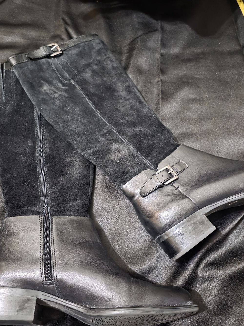 Franco Sarto Corbin Black Suede and Leather Knee-High Buckle Boots